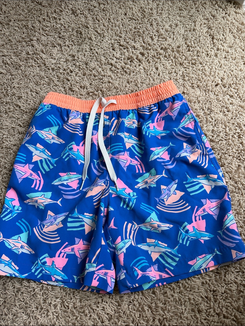 Chubbies Boys  Blue Shark Print Swim Shorts with Peach Waistband